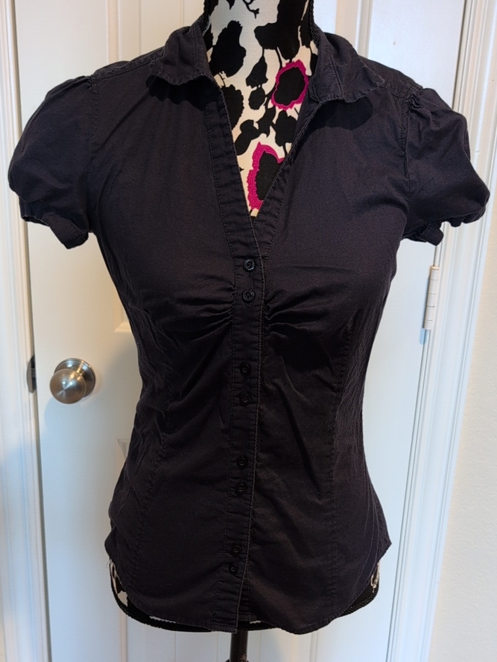 Esprit Navy Blue Short-Sleeve Button-Front Shirt Size XS
